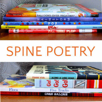Two photos of children's picture books in a stack to create a spine poem with the titles.