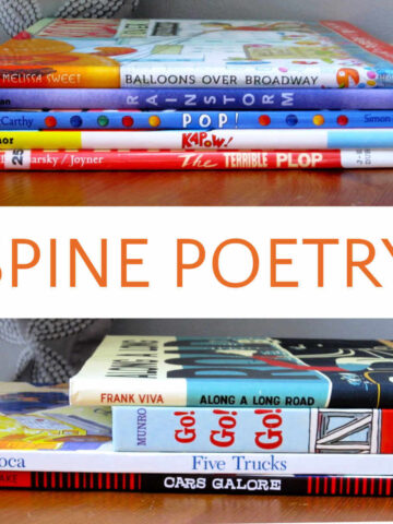 Two photos of children's picture books in a stack to create a spine poem with the titles.