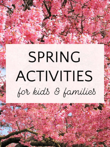 Spring cherry blossoms with text overlay, Spring Activities for kids and families.