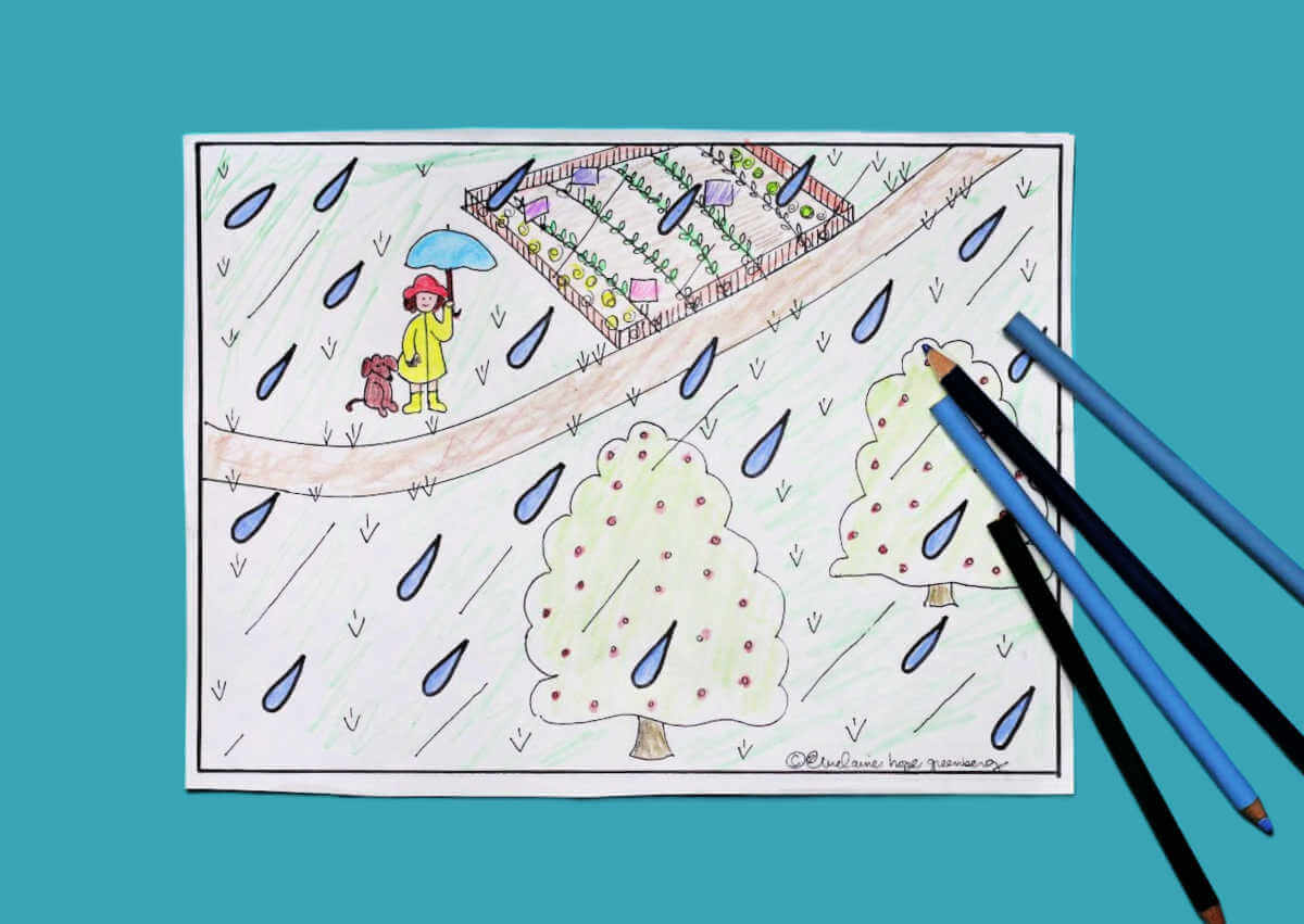 April showers coloring page with colored pencils.