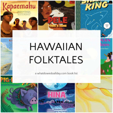Collage of books with text overlay, Hawaiian Folktales.