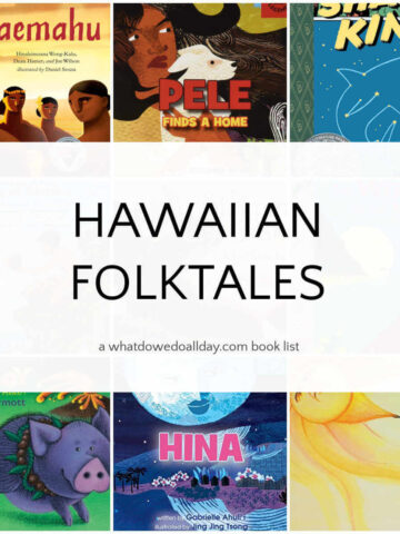 Collage of books with text overlay, Hawaiian Folktales.