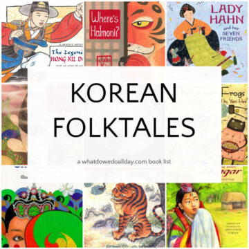 Collage of books with text overlay, Korean Folktales.