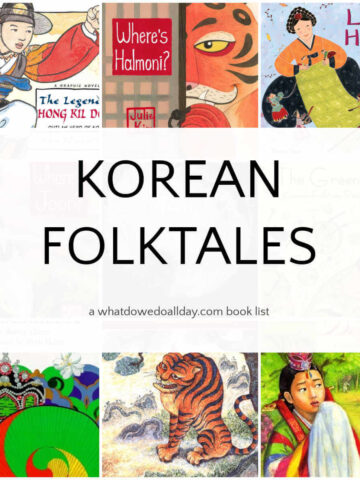 Collage of books with text overlay, Korean Folktales.