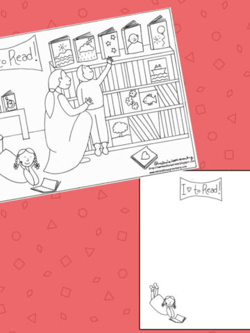 Blank library coloring page and reading log on pink background.