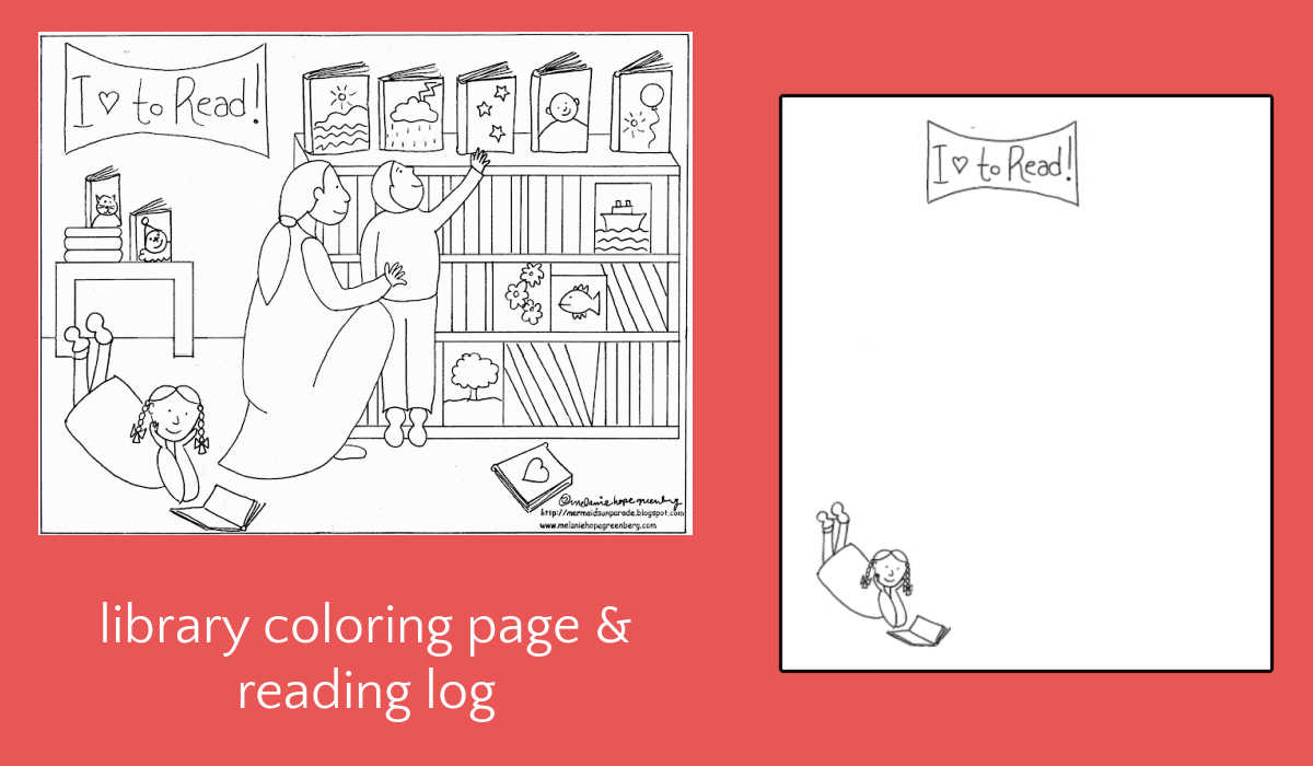 Blank library coloring page and reading log on pink background with text.
