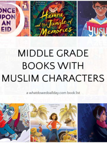 Collage of novel covers with text overlay Middle Grade Books with Muslim Characters.