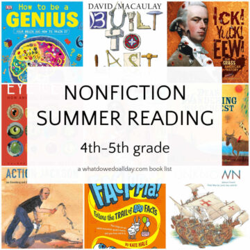 Collage of books with text overlay, nonfiction summer reading, 4th-5th grade.