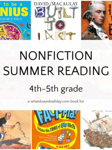 Collage of books with text overlay, nonfiction summer reading, 4th-5th grade.