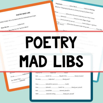 Three overlapping Poetry Mad Libs printables with text overlay, Poetry Mad Libs.