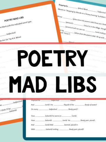 Three overlapping Poetry Mad Libs printables with text overlay, Poetry Mad Libs.