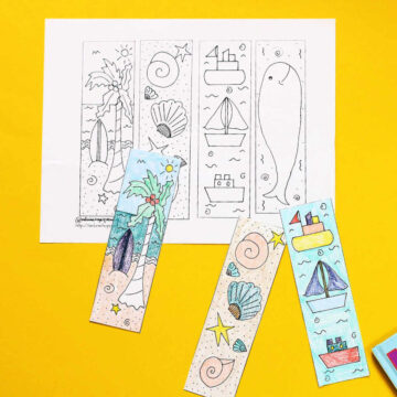 Seaside bookmarks coloring page alongside finished bookmarks.