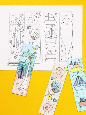 Seaside bookmarks coloring page alongside finished bookmarks.