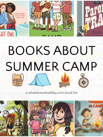 Collage of children's books with text overlay, Books about Summer Camp.