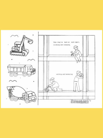 Construction site coloring page on yellow background.