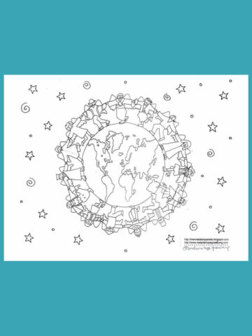 Earth Day coloring page with illustration of children encircling the globe.