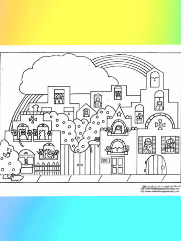 Coloring page with rainbow and buildings on a street.