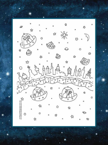 UFO and aliens coloring page featuring ufos flying in night sky over cityscape.