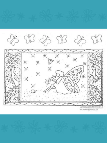 Butterfly fairy coloring page on blue floral background.