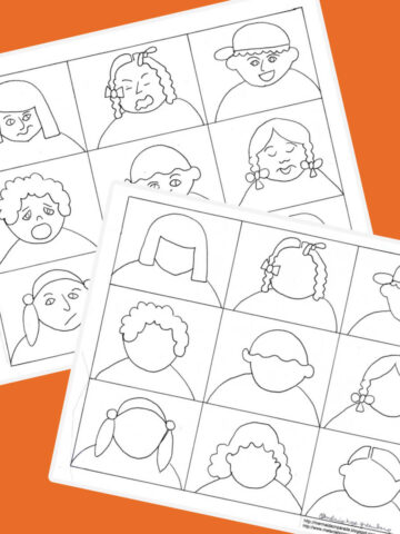 Emotions coloring pages featuring 9 faces. One page with blank faces, the other showing different emotions on the faces.
