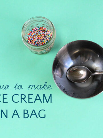 Empty bowl with spoon and cup of sprinkles, with text, "how to make ice cream in a bag."
