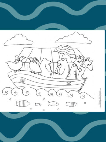 Noahs ark coloring page on blue background.