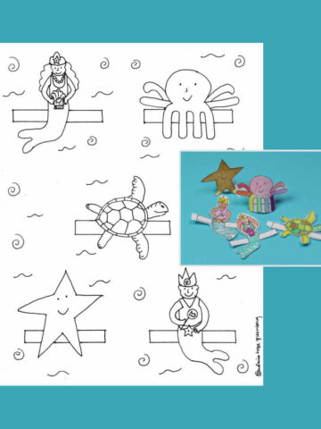 Paper ocean creature finger puppets including a rainbow colored octopus, starfish, two mermaids and a turtle.