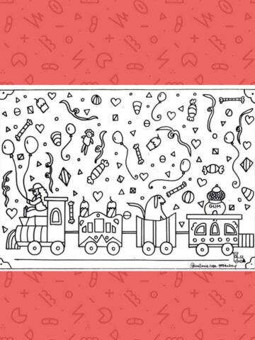 Birthday party train with confetti background coloring page.