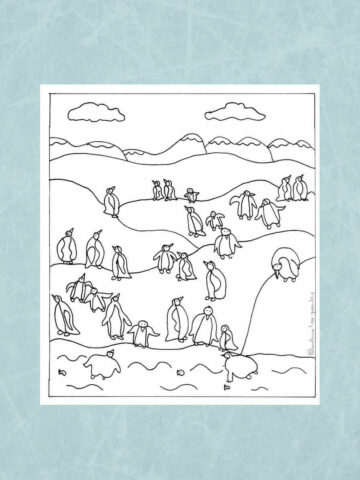 Penguin coloring page on blue background.