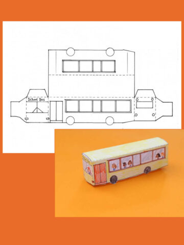 Coloring page and completed school bus from coloring page.