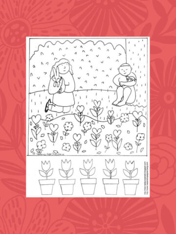 Spring flowers coloring page on pink floral background.