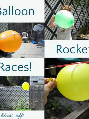 Collage of balloons hanging on a string set up for races in backyard.
