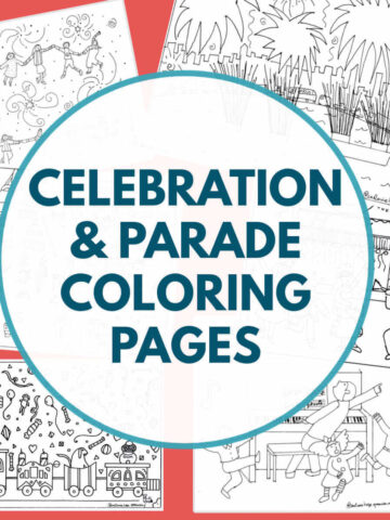 Collage of celebration themed coloring pages with text overlay, "Celebration & parade coloring pages."