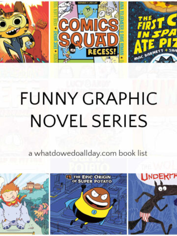 Collage of graphic novel book covers with text overlay that reads, Funny Graphic Novel Series.