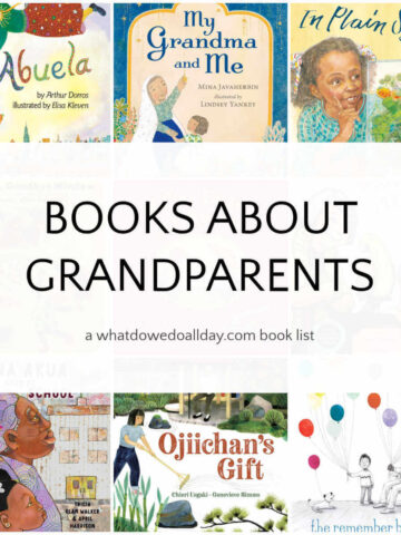 Collage of children's books with text overlay, Books about Grandparents.