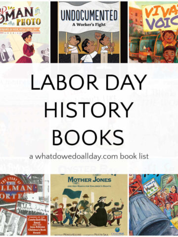 Collage of children's book covers with text overlay, Labor Day History Books.