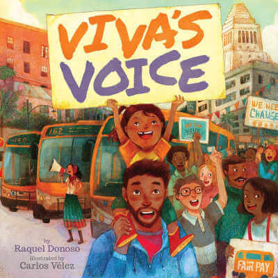 Viva's Voice book cover showing girl sitting on father's shoulders surrounded by other people in front of three city busses during a workers strike.