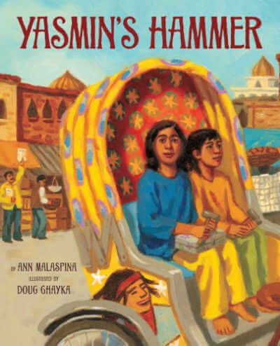 Yasmin's Hammer book cover with two children in cart on middle eastern street.