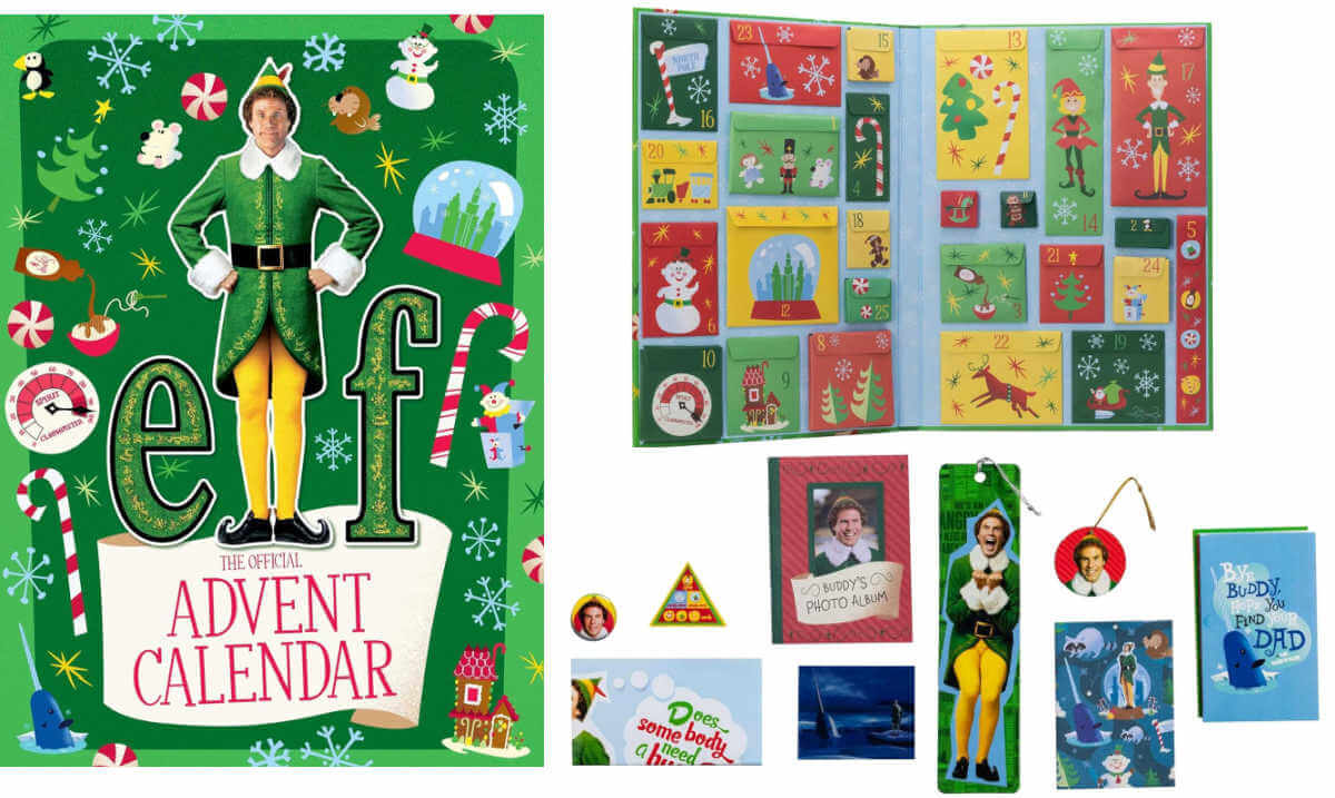 Elf advent calendar closed, open and an array of trinkets that might be found in the calendar.