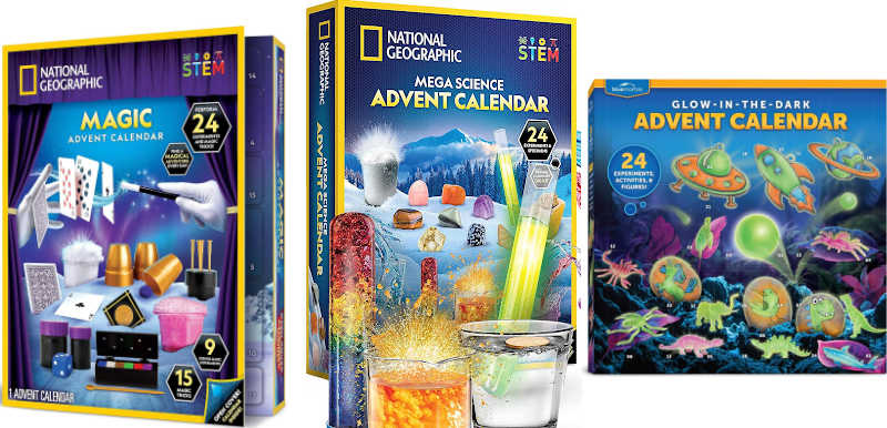 Three National Geographic Advent Calendar Kits in boxes.