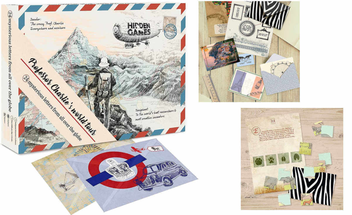 Hidden Games advent calendar box with inset photos of envelopes, letters and puzzle pieces.