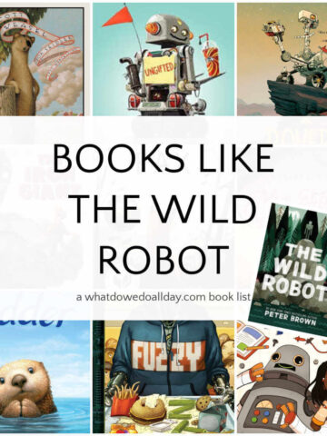 Collage of book covers with text overlay, "Books like The Wild Robot".