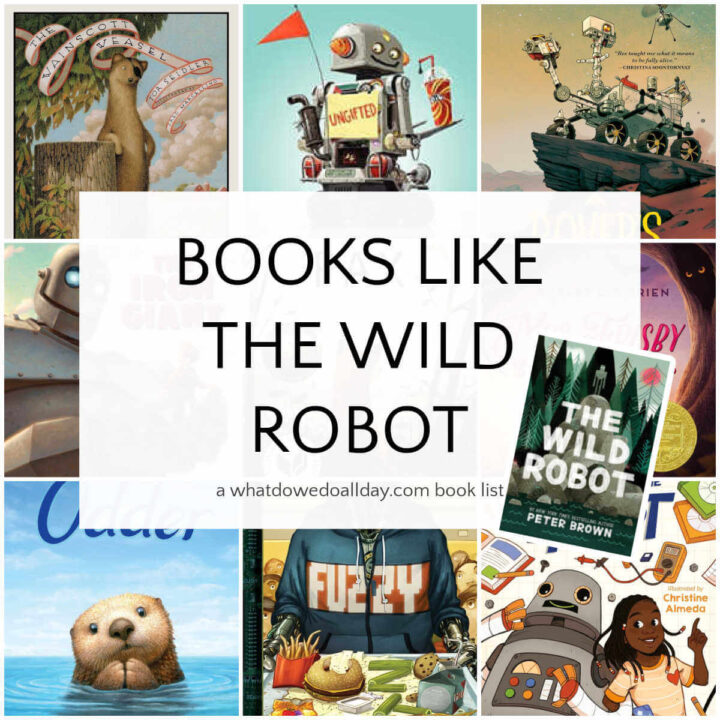 Collage of book covers with text overlay, "Books like The Wild Robot".