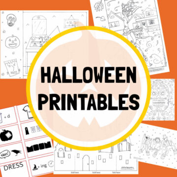 Collage of Halloween printables and coloring pages on orange background.