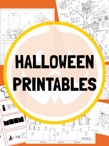 Collage of Halloween printables and coloring pages on orange background.