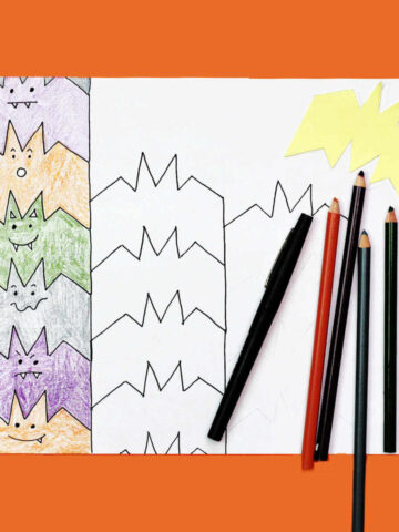 Bat tessellation art in progress with one row of tessellations colored in with purple, orange, grey and green colored pencils.