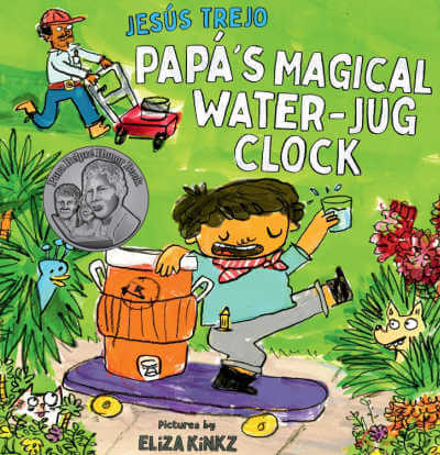 Papa's Magical Water Jug Clock book cover with illustration of boy on purple skateboard holding water and man with lawn mower in background.