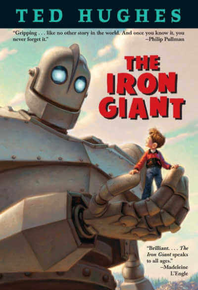 The Iron Giant book cover with illustration of robot with a boy standing in his hand.