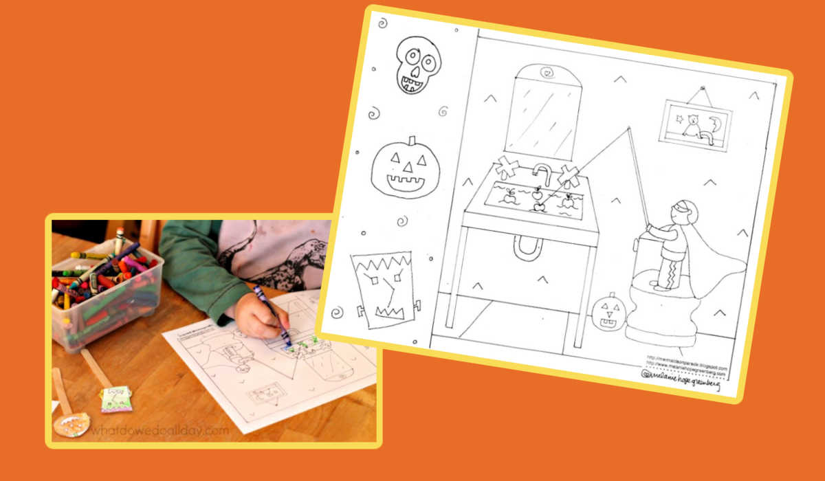 Halloween coloring page of boy fishing for apples in a sink with skull, pumpkin and monster head in margin.