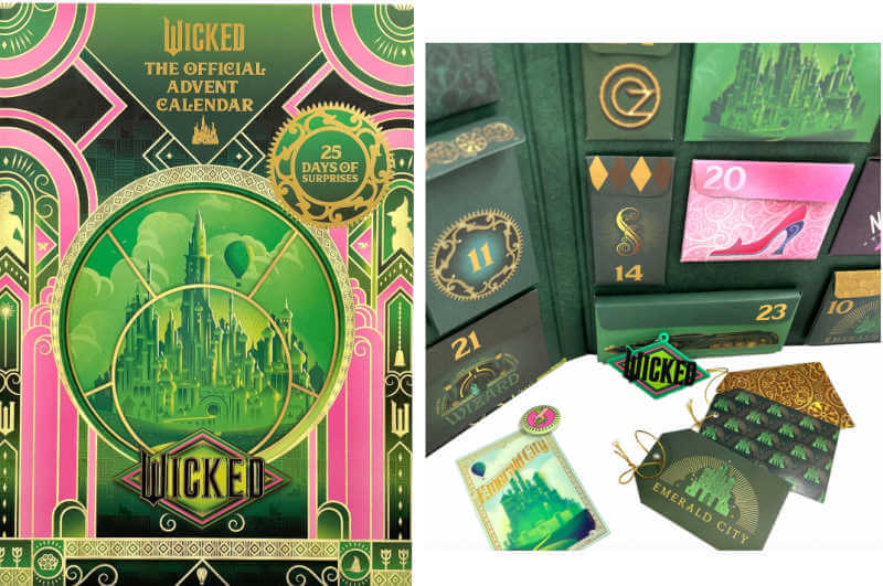 Wicked Advent Calendar, cover and partial image of open calendar and trinkets.